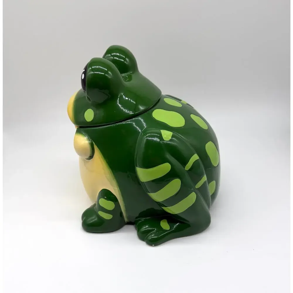 Large Green Frog Ceramic Cookie Jar Big Eyes Lidded Kitchen Canister 11